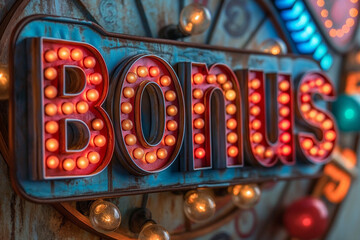 A sign with the word BONUS with neon lights.