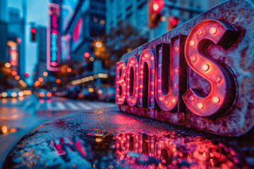 A sign with the word BONUS with neon lights. - obrazy, fototapety, plakaty