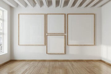 Gallery wall horizontal and vertical frames on a white wall, light wood frames - obrazy, fototapety, plakaty