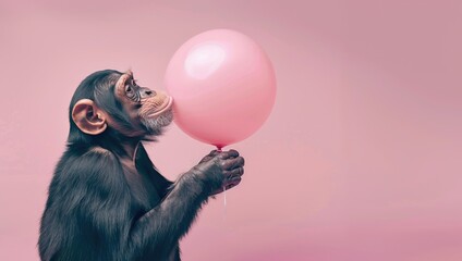 The monkey is holding a pink balloon.