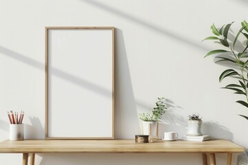 mockup landscape, table frame next to a desk and a plant, in the style of minimalist backgrounds - obrazy, fototapety, plakaty