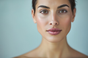Obraz premium Close-Up Beauty Portrait of a Young Woman with Flawless Complexion and Natural Makeup