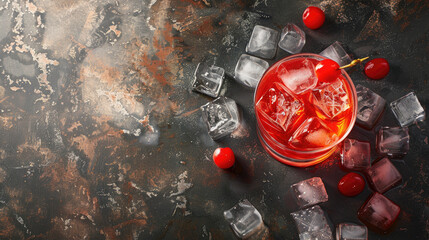 An overhead view of a sophisticated cocktail garnished with bright red accents and chilled ice cubes
