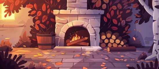Amidst the greenery of the forest, a cozy fireplace is nestled in a brick wall surrounded by baskets of woods.