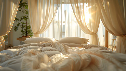 Close-up of a canopy bed draped with sheer curtains in a romantic bedroom, modern interior design, scandinavian style hyperrealistic photography - obrazy, fototapety, plakaty