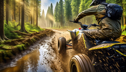 A person on an ATV is riding through a muddy trail in a forest, splashing mud - 783744205