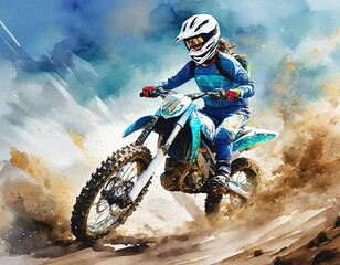 A motocross rider in blue gear, white helmet, rides a blue bike, kicking up dirt under a clear sky. Action-packed! - 783744208