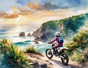 A motocross rider at sunset by the ocean, on a rocky path surrounded by greenery, in a moment of serene adventure - 783744213