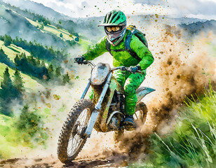 A rider in green gear is on a dirt bike, kicking up dust on a trail, showcasing speed and skill - 783744231