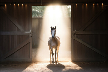 Working horse in a dark stable with sunlight peeking through the wooden door - 783744281
