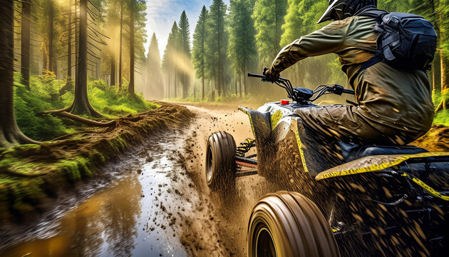 A person on an ATV is riding through a muddy trail in a forest, splashing mud