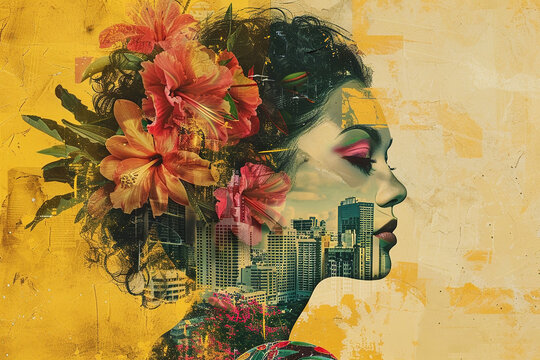 Graphic Design Digital Collage of Woman with Flowers in Hair and Urban Cityscape Background