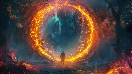A traveler and programmer find rebirth within a ring of fire where magic and technology unite in unexpected synergy