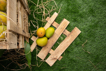Mango heap in wood basket carrying by a orchard farmer with green leaf background.