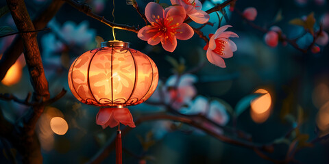 Red chinese lantern with blurred background Red Chinese Lantern in Night - obrazy, fototapety, plakaty