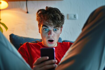 Portrait of a young cheerful excited man using mobile phone. the young guy looks at the phone in surprise and is in shock with his mouth slightly open. emotions from the phone surprise at what I read