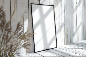 Thin a3-sized frame mockup leaning against a white wooden wall, reflections of windows, tilted side view, angle shot