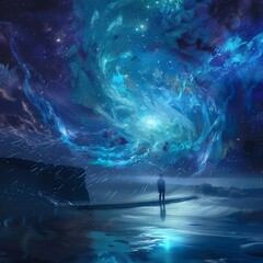 A man stands on a beach gazing at a breathtaking blue nebula in the night sky. This digital artwork captures the awe-inspiring beauty of the cosmos