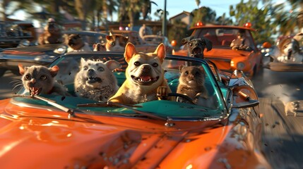 Furry Frenzy on the Road:A Comical Caravan of Critters in Chaotic Vehicular Escapades - obrazy, fototapety, plakaty