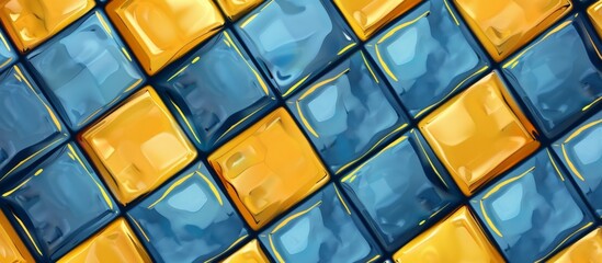 Vivid blue and yellow tiles with a bright yellow border create a striking close-up mosaic wall pattern. - obrazy, fototapety, plakaty