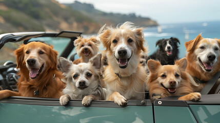 Joyful Family of Pet Dogs Riding in a Convertible Car on a Summer Vacation Adventure with Vibrant Coastal Backdrop