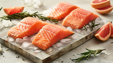 Raw salmon fillets on wooden cutting board with dill, rosemary and lemon. Juicy slice of fresh salmon with ingredients closeup isolated on a white background. Raw salmon pieces on wooden board.  - Powered by Adobe