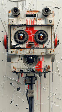 A visually striking artwork that combines elements of a broken camera and a futuristic robot face