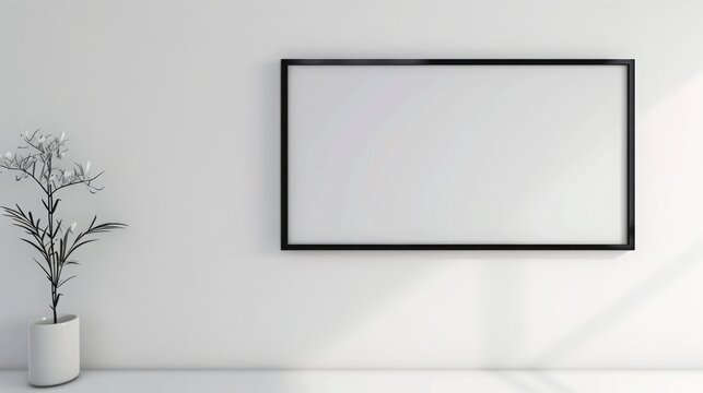 Thin black bezel frame mockup, 16:9 frame on an empty white wall