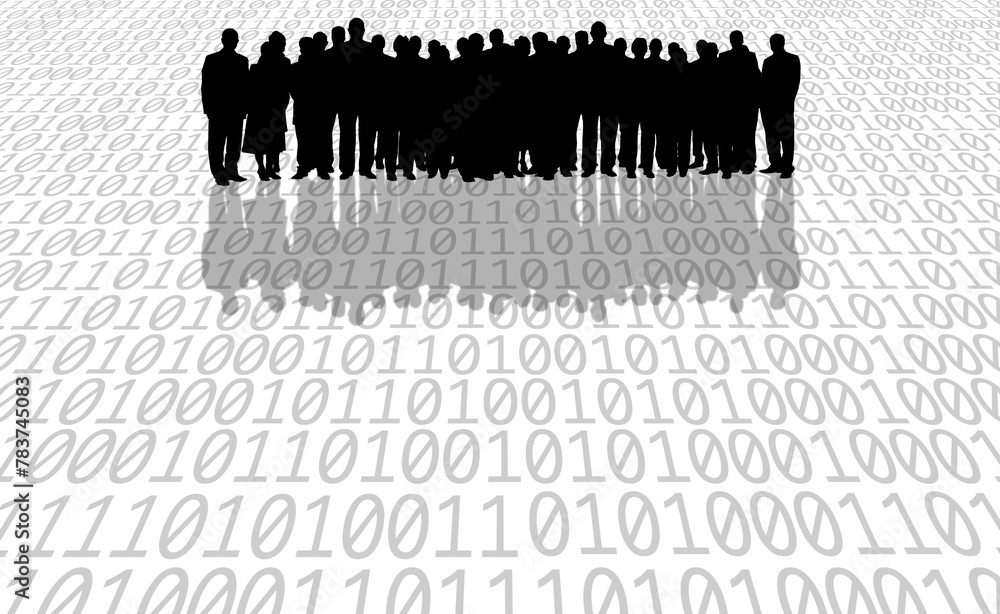 Wall mural conceptual technology image of silhouetted group of business people and binary code over white backg