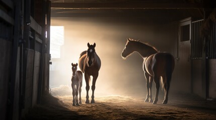 A horse and a foal in a barn, surrounded by darkness and shadows - obrazy, fototapety, plakaty