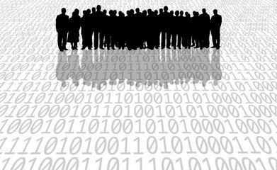conceptual technology image of silhouetted group of business people and binary code over white background