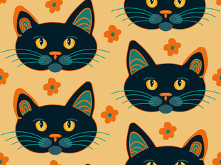 Seamless pattern vector image in flat cartoon style, black cat face on orange background