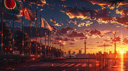 A wide shot captures an elite anime scene at sunset blending technology concepts with international symbols and flags