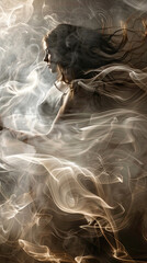 A womans figure emerging from swirling coffee smoke