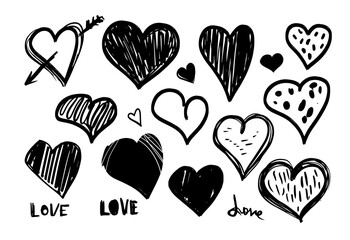 Set of heart  grunge sketch. Hand drawn shapes doodles. Black vector brush