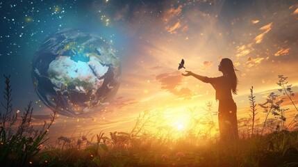 Woman touching planet earth of energy consumption of humanity at night, and free bird enjoying nature on sunset background