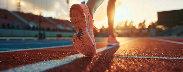 Focus on the running shoes of a runner training in the stadium at sunset, preparing for a sports competition. - obrazy, fototapety, plakaty