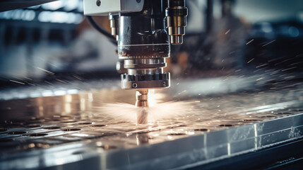 Close-up of CNC laser cutting metal, modern industrial technology for making industrial details