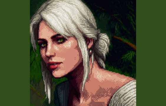 Beautiful girl with white hair in Pixel art style in 3000x1920 resolution (non-enlarged image in 200x128 resolution