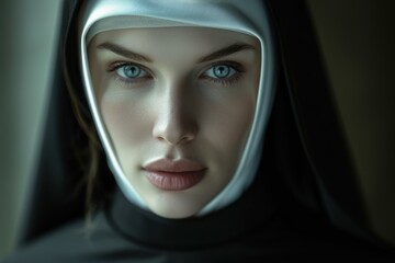 Graceful Beauty nun female. Cute church portrait with attractive girl. Generate Ai