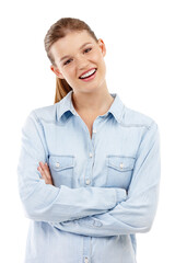 Girl, arms crossed and smiling in studio portrait for confidence, style and fashion in smart casual shirt. Female person, happy and relaxed on white background for work clothes or professional wear