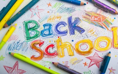 Naklejka premium Back to school handwriting on white paper with color pencils