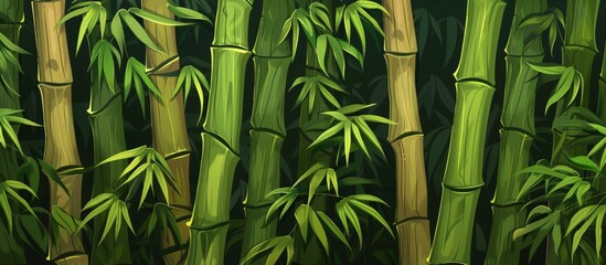 A serene view capturing the beauty of bamboo trees up close with their lush green leaves, creating a calming ambiance. - obrazy, fototapety, plakaty