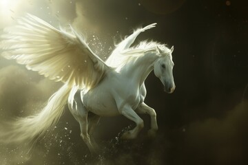 Obraz na płótnie Canvas Magical White pegasus. Nature unicorn animal. Generate Ai