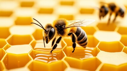  Bee in honeycomb closeup macro - obrazy, fototapety, plakaty