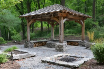 Elegant Beautiful gazebo square fire. Park light. Generate AI