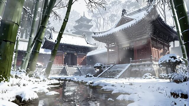 Bamboo Snowscape: 4k Looping Video of Chinese Temple and Snowy Garden