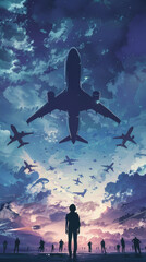 Airplanes above trace the ambition of below where silhouettes forge the next era of electronic devices with unmatched precision - obrazy, fototapety, plakaty