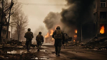 Foto op Canvas Soldiers make their way through destroyed buildings. There's destruction and fire everywhere © Sergey