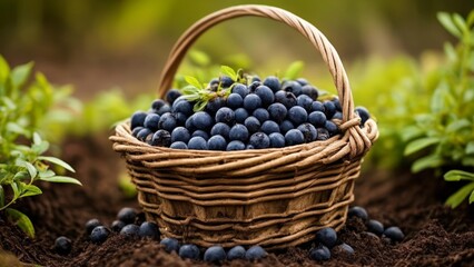  Fresh harvest of blueberries in a woven basket